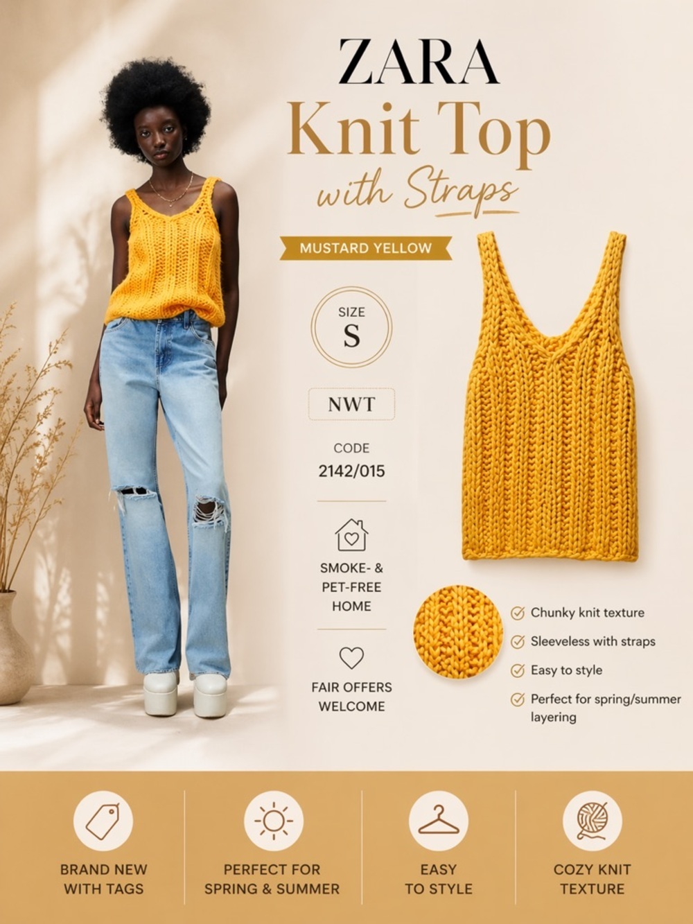 ZARA Mustard Yellow Chunky Knit Top With Straps S NWT Sleeveless Sweater Tank